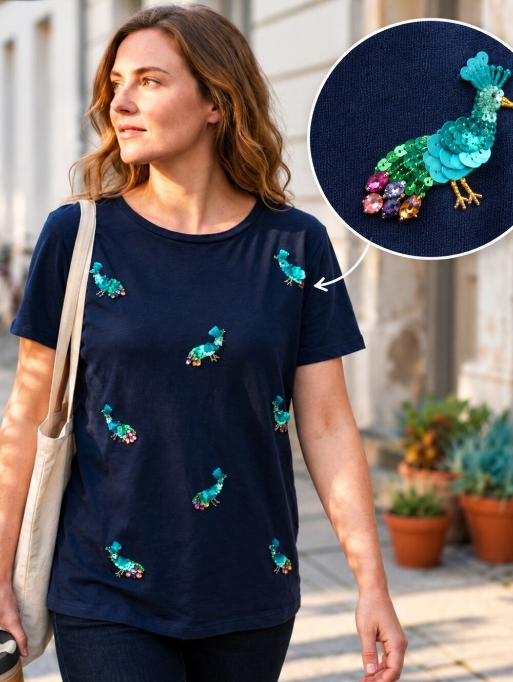 TALBOTS SEQUIN PEACOCK TEE SZ XL